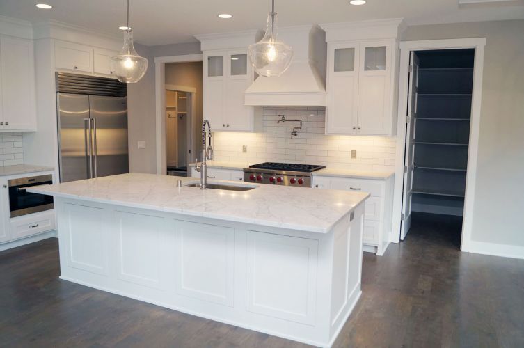 Kitchen White Enamel Cabinets Island Dark Hardwood Floor 6350 Ranier Creek Hill Custom Homes